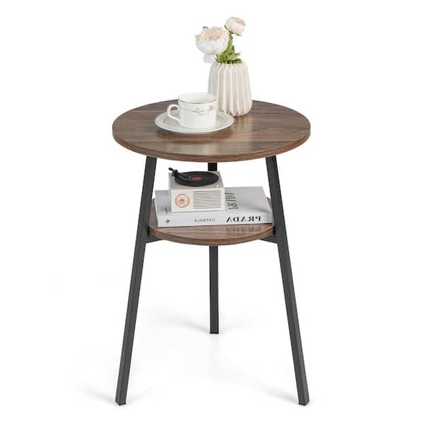 Gymax 2-Tier Accent Coffee Tea Table Nightstand Bedside Table with Storage Shelf Brown
