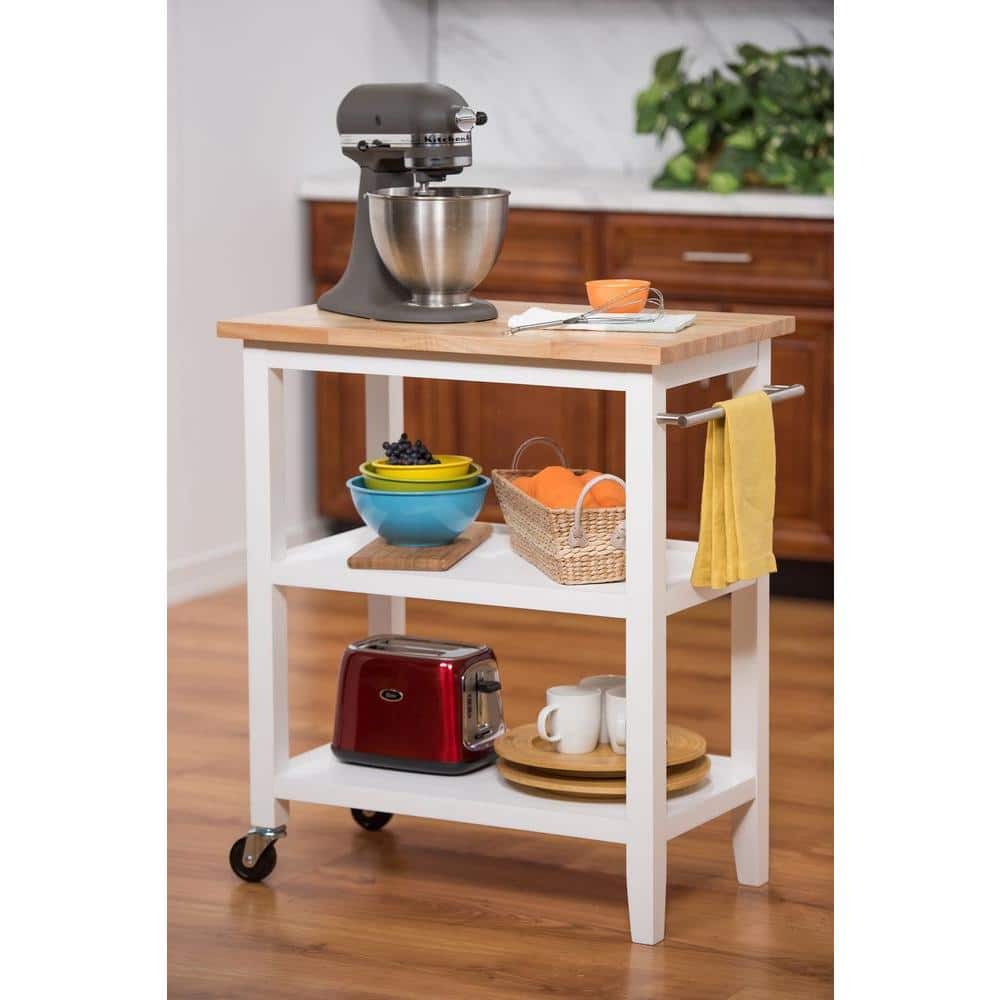 White and Oak Rubberwood Kitchen Cart with Storage