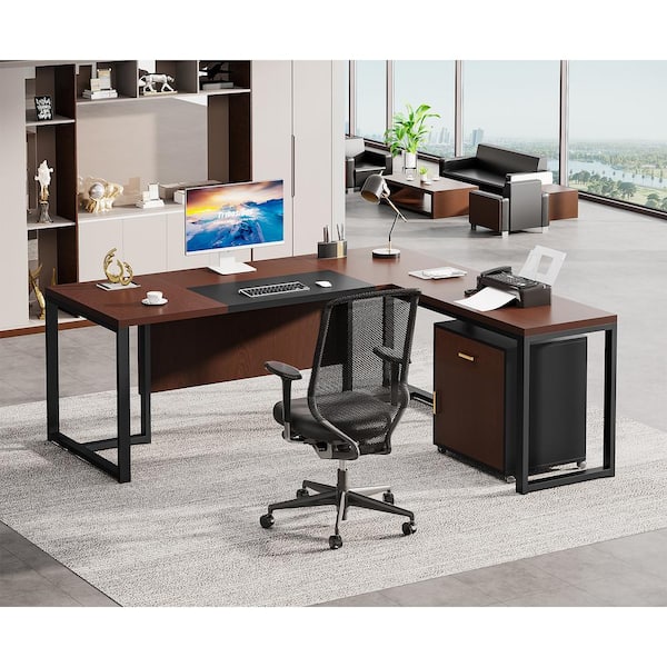 BYBLIGHT Capen 87 in. L Shaped Brown Engineered Wood 2 Drawer Executive Desk  with 51 in. File Cabinet Home Office Computer Desk BB-F1658XF - The Home  Depot