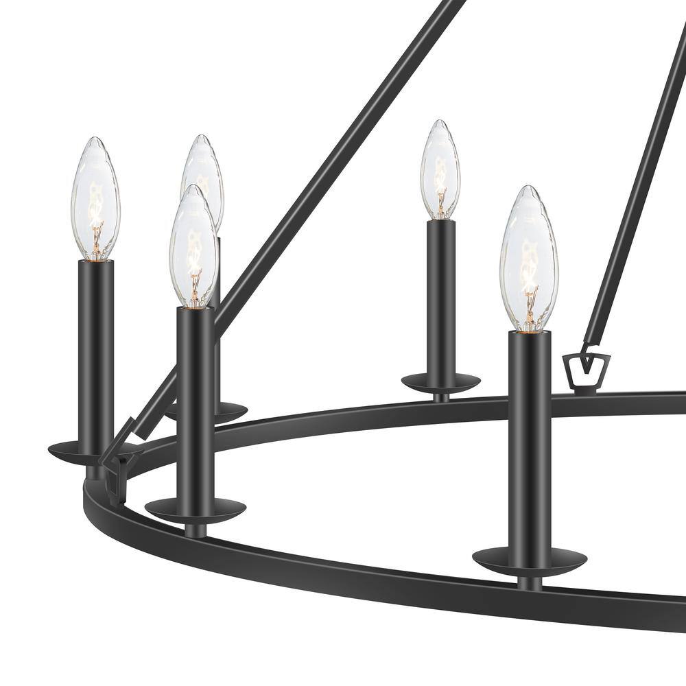 Black 12-Light Industrial Wagon Wheel Chandelier