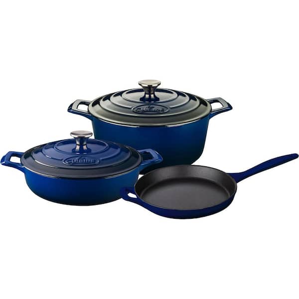 La Cuisine 5-Piece Enameled Cast Iron Cookware Set with Saute, Skillet and Round Casserole in Blue