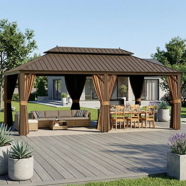 24 ft. x 14 ft. Aluminum Double Roof Hardtop Gazebo with Curtains and Mosquito Netting, Weather-Resistant