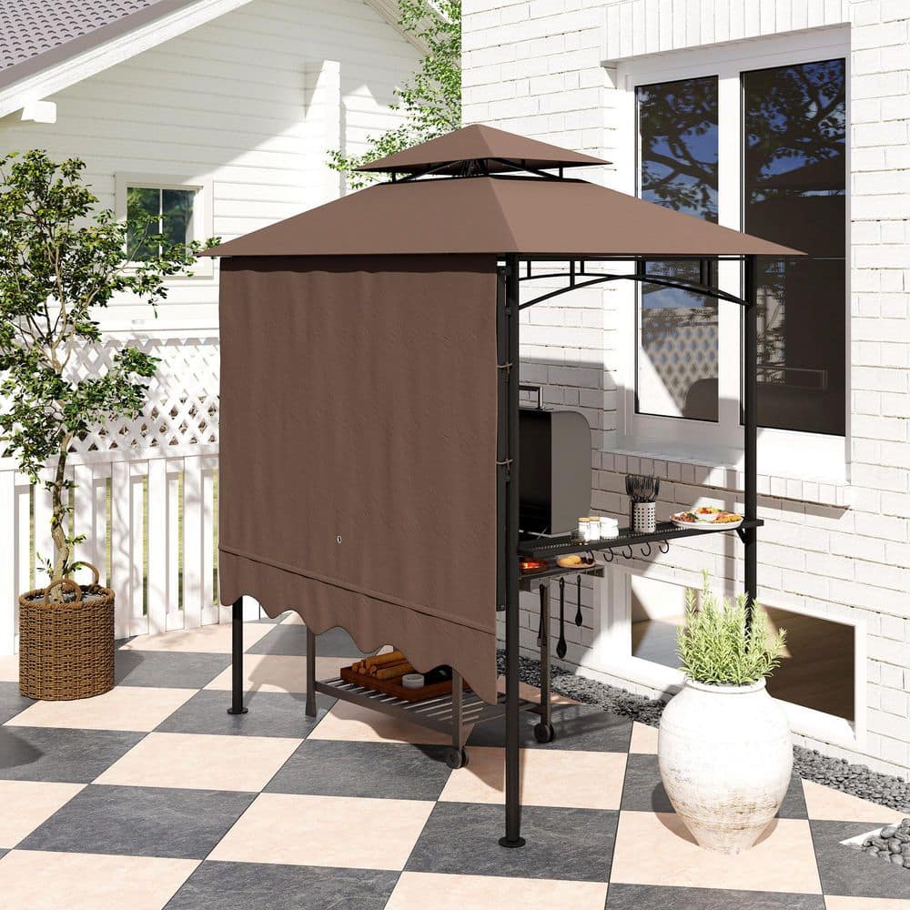 Brown Double Tiered Outdoor BBQ Grill Gazebo with Side Awning