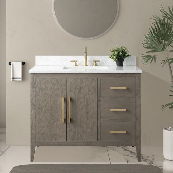 42 in. W x 22 in. D x 34 in. H Single-Sink Bath Vanity in Driftwood Gray with Engineered Marble Top in Arabescato White
