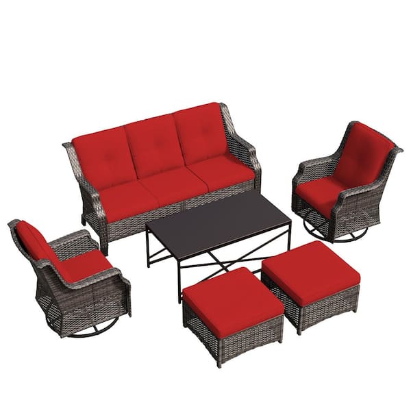 6-Piece Patio Furniture Swivel Chairs Outdoor Wicker Patio Conversation Set with Red Cushions