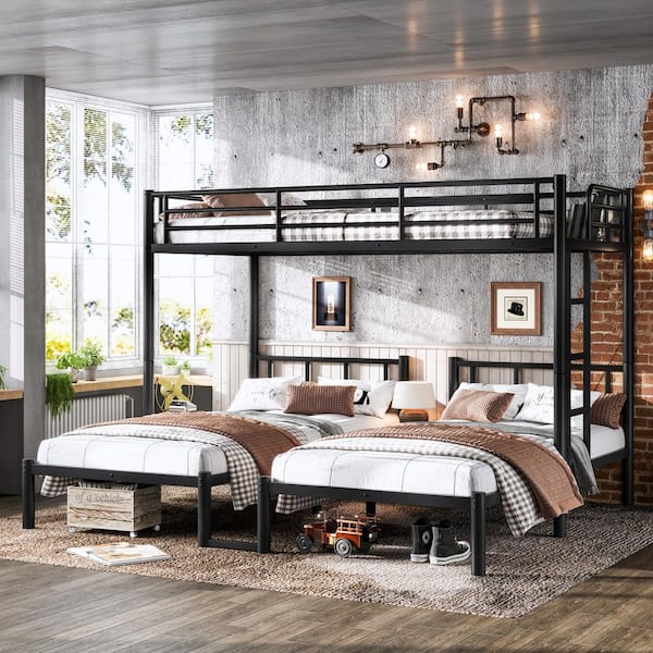 Black Twin XL Over Twin and Twin Triple Metal Bunk Bed for 3, Space-Saving Design