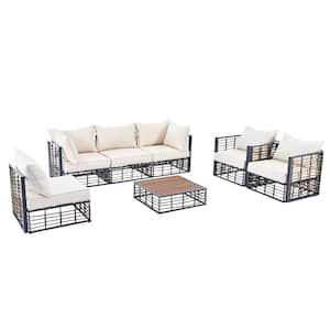 Minimalist 7-Piece Dark Gray Frame Brown Rattan Metal Patio Outdoor Sectional Sofa Set with Beige CushionsCoffee Table