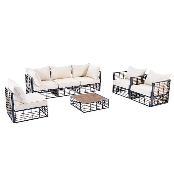 Unbranded Minimalist 7-Piece Dark Gray Frame Brown Rattan Metal Patio Outdoor Sectional Sofa Set with Beige CushionsCoffee Table