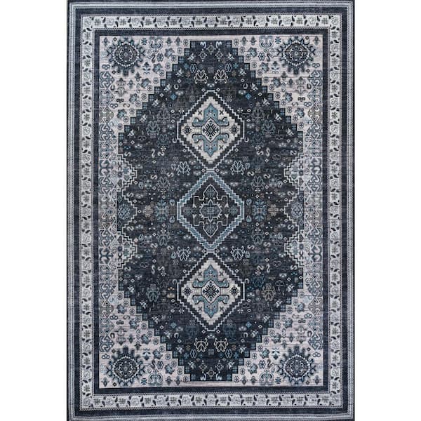 Dalyan Geometric Medallions Machine-Washable Navy/Light Gray 5 ft. x 8 ft. Area Rug