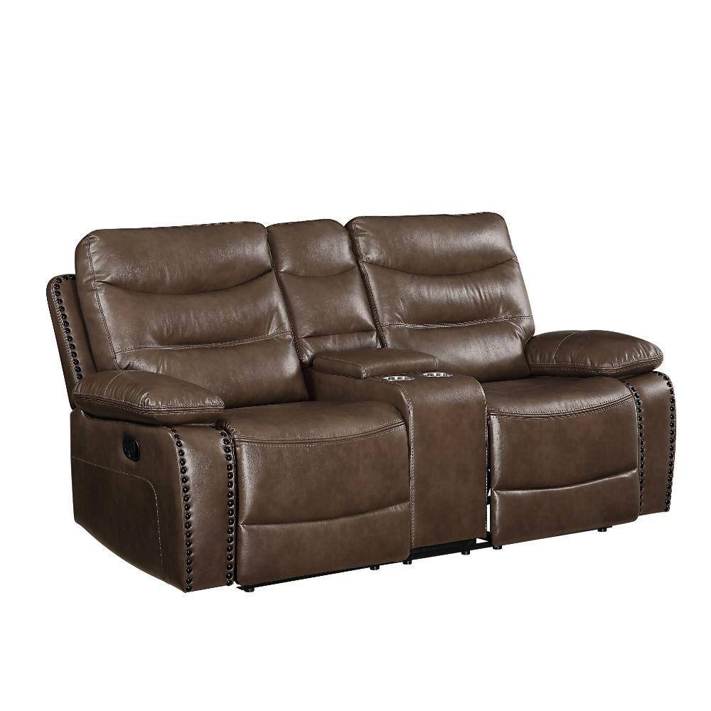 Aashi Brown Leather Tufted Reclining Loveseat with Storage Console