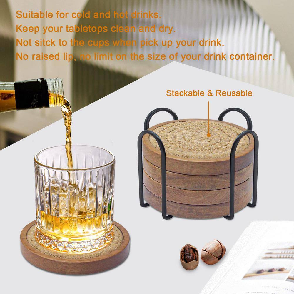 Round Wood and Woven Fabric Coasters with Holder, Set of 5