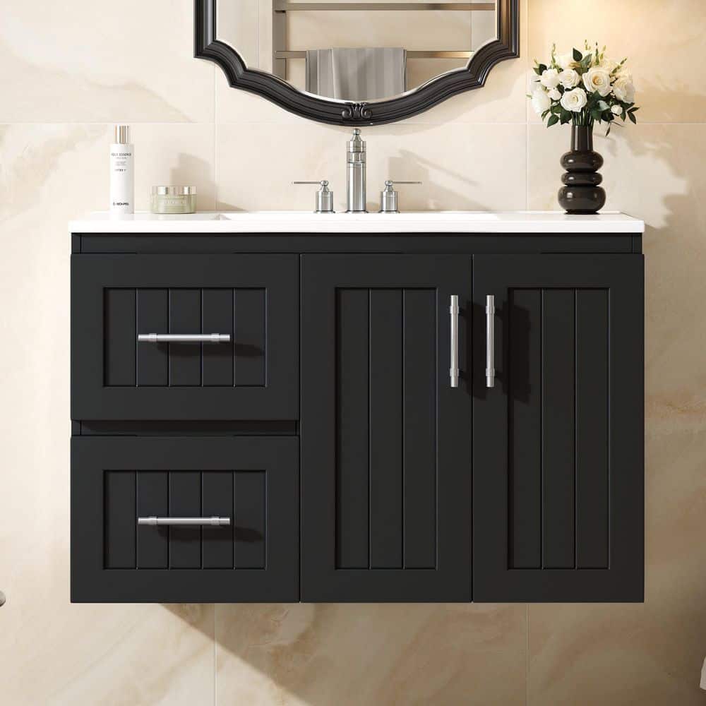 36in. Floating Single Sink Black Bath Vanity with White Ceramic Top price history on PriceWatchPro