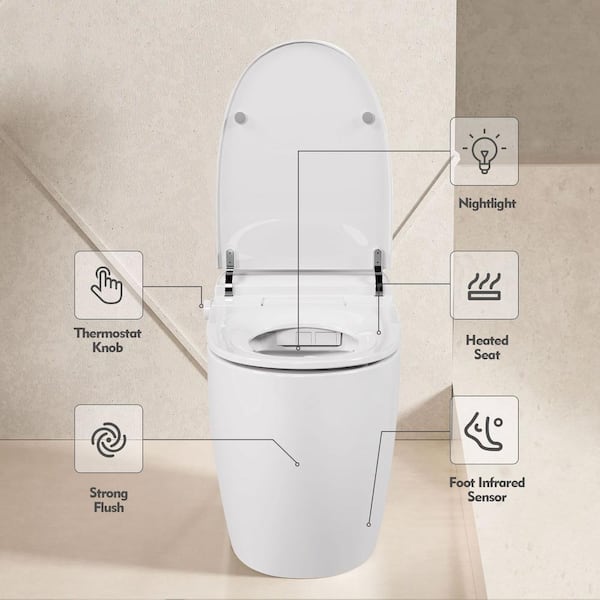 EPOWP Smart Toilet with Heated Seat, foot sensor and Dual Flush System in White