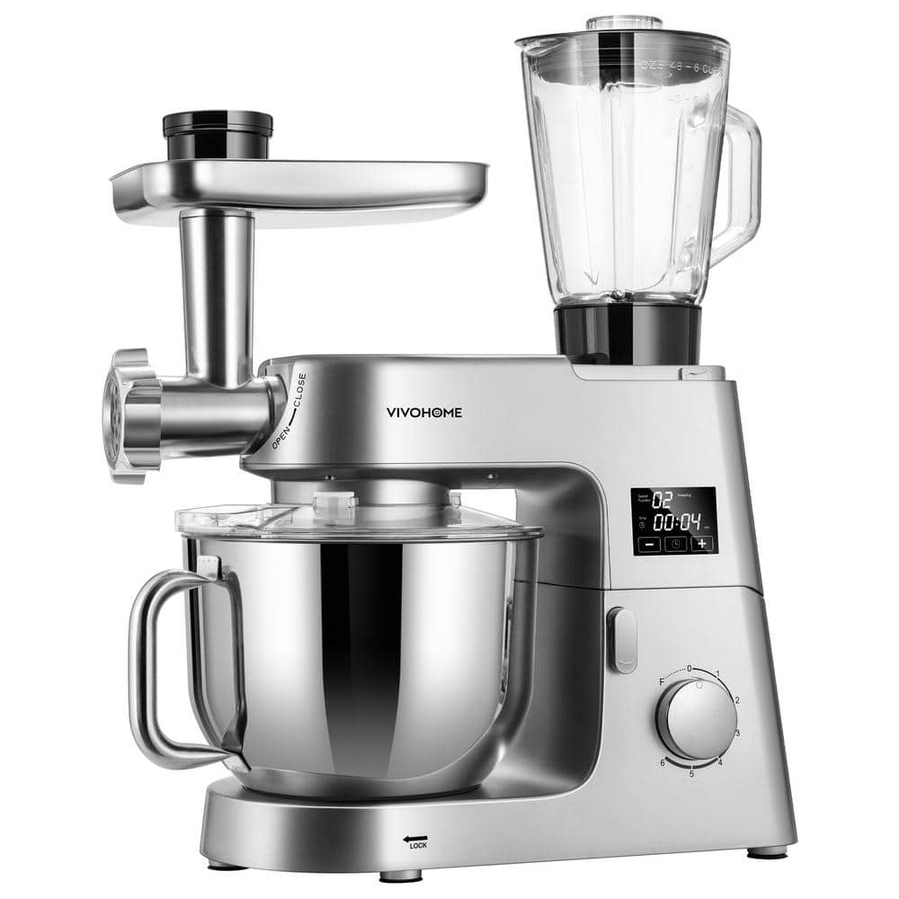 7.5 qt. 6-Speed Silver 9 in 1 Stainless Steel Multifunctional Stand Mixer with Fermentation and Timer