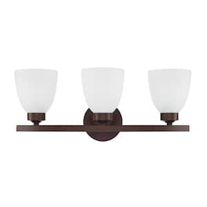 21 in. W x 8.5 in. H x 7.5 in. E 3-Light Soft White Glass Vanity Light in Bronze