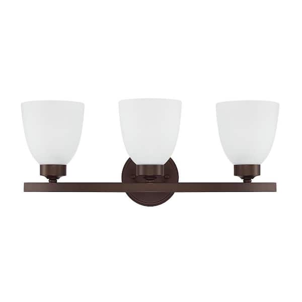 HOMEPLACE LIGHTING 21 in. W x 8.5 in. H x 7.5 in. E 3-Light Soft White Glass Vanity Light in Bronze