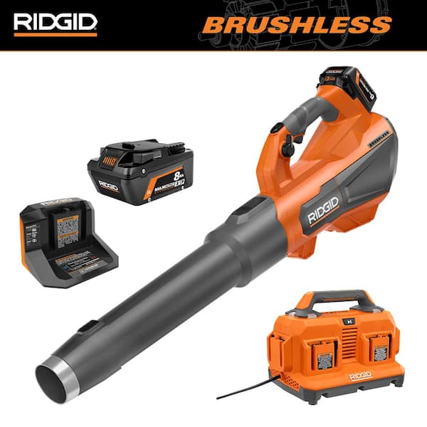 RIDGID 18V Brushless Cordless Blower Kit with 6.0 Ah MAX Output Battery, Charger, 6-Port Charger, and 8.0 Ah MAX Output Battery
