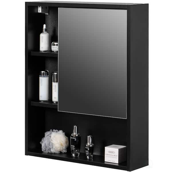 Basicwise Bathroom Mirrored Storage Cabinet, 23.75" W x 6.25" D x 30" H, 2 Adjustable Shelves Medicine Organizer Furniture, Black