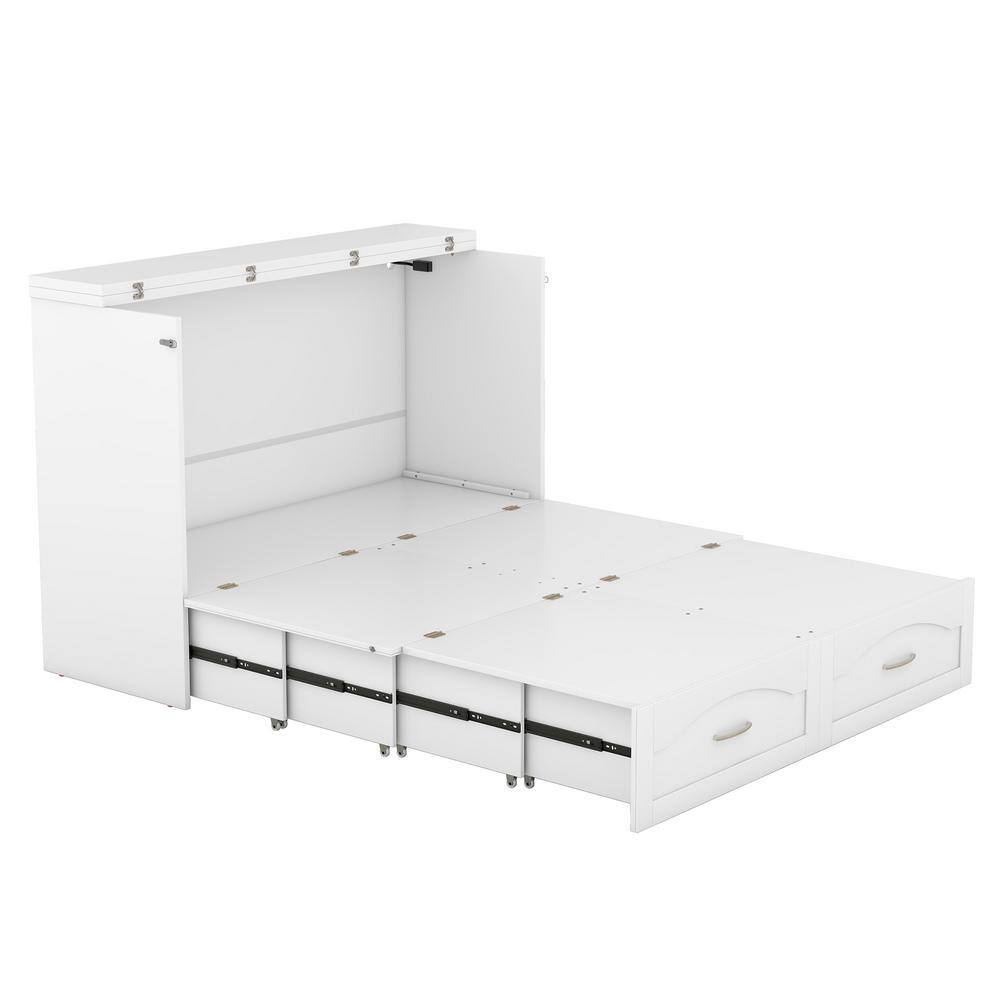 White Wood Frame Queen Size Murphy Bed with Built-in Charging Station, Pulleys and Sliding Rails Design, 2-Drawer - thumbnail 6