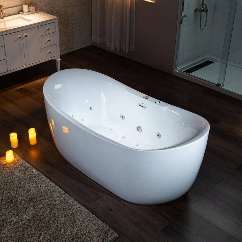 72" White Acrylic Freestanding Heated Soaking Bathtub