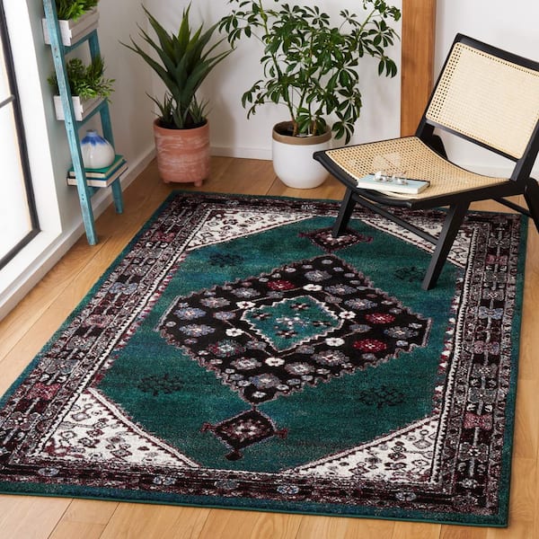 Vintage Hamadan Green/Black 8 ft. x 10 ft. Floral Medallion Area Rug
