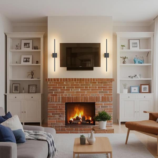 28 in. 1-Light Set of 2 Black LED Wall Sconces, Wireless Dimmable Vanity Light, 360° Light for Bedroom Bathroom