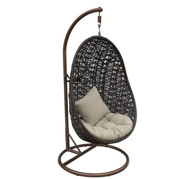 JLIP Brown Double Woven Rattan Patio Swing Chair with Stand and Tan Cushions