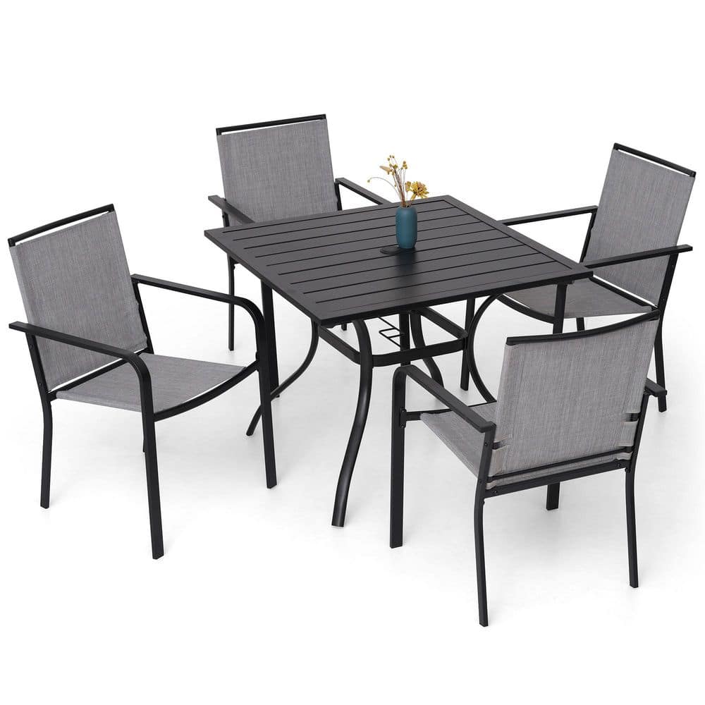 5-Piece Metal Patio Dining Set Square Table with 4-Stackable Chairs