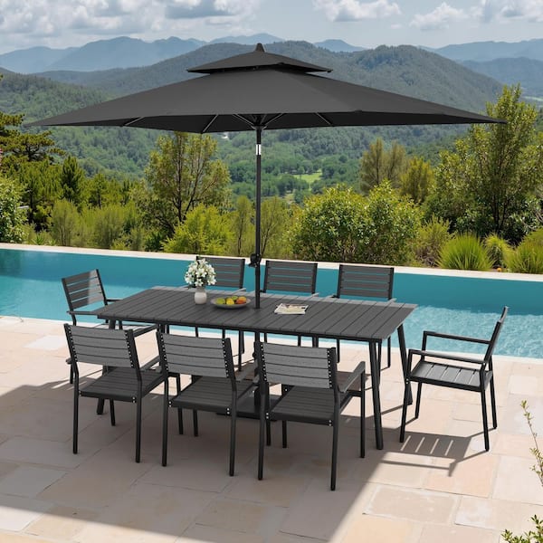 11-Piece 83 in. Dark Gray Aluminum Outdoor Dining Set w/ Stackable Armchairs, Umbrella Base, Black Market Patio Umbrella