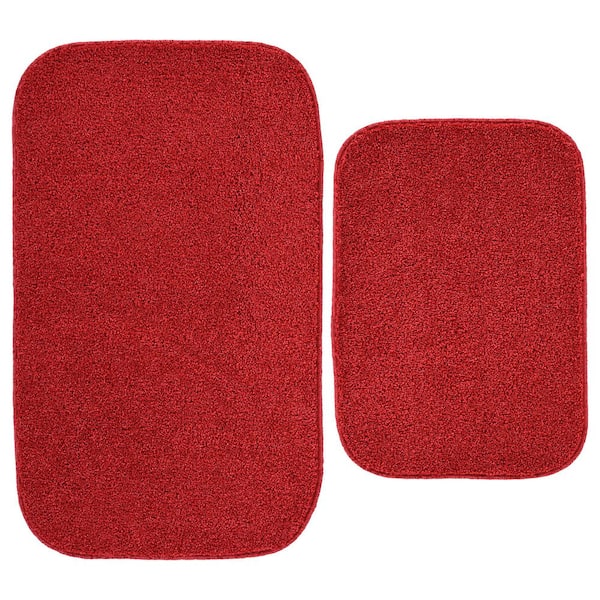 Sedona Classic Red Solid Color Plush Polypropylene Rectangle 2-Piece Bathroom Rug Set