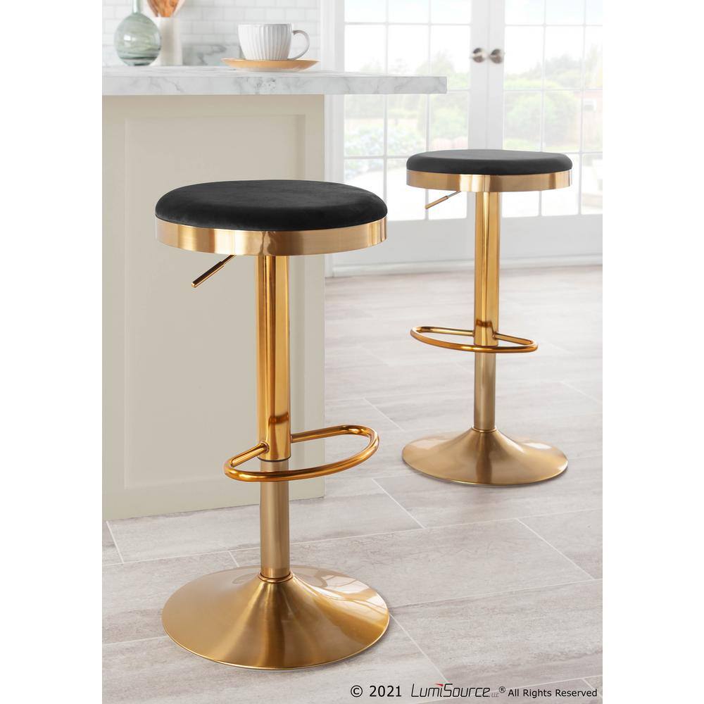 Set of 2 Black Velvet Adjustable Gold Swivel Bar Stools