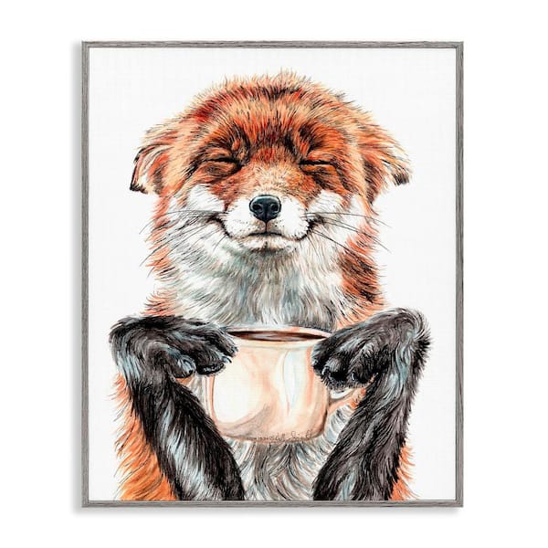 Stupell Industries Happy Fox with Coffee by Holly Simental 1-Piece Gray Framed Animal Giclee Art Print 14 in. x 11 in.