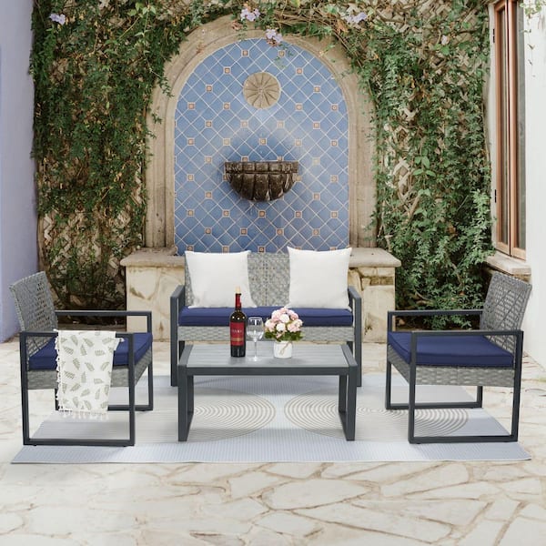 Light Gray 4-Piece Rattan Patio Conversation Set with Acacia Wood Table Top and Blue Removable Cushions