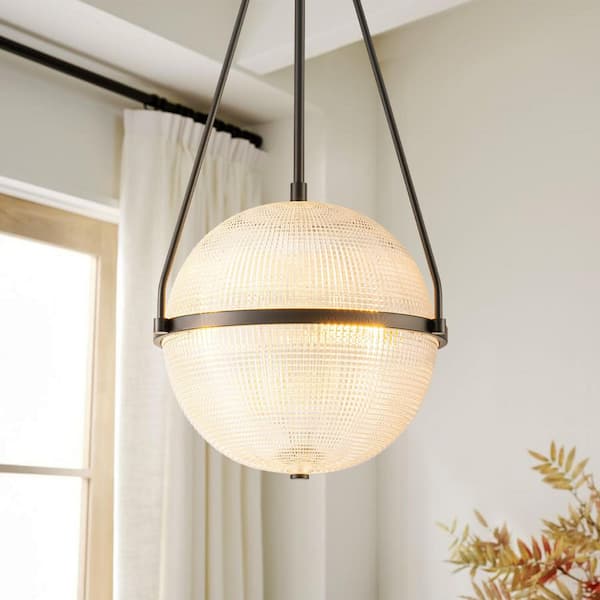 Apsel 3-Light 13.78 in. W Black Mid-Century Modern Grid Glass Globe Bubble Pendant Light Textured Glass Ceiling Light