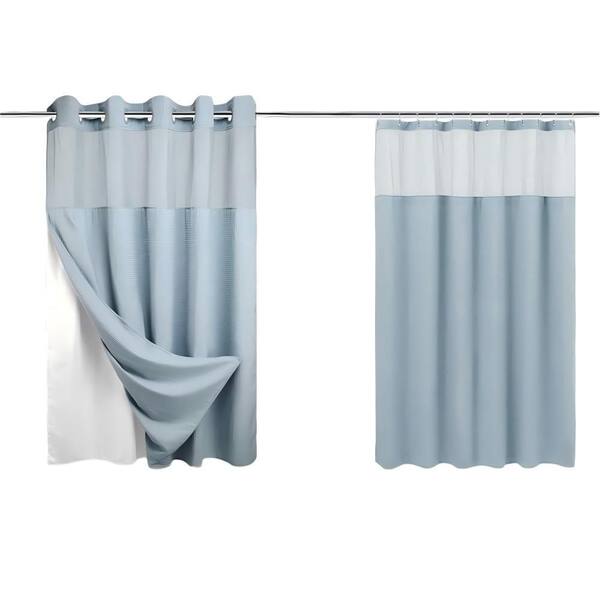 71 in. W x 74 in. L Polyester Shower Curtain Set in Blue, Semi-Sheer, Spring Moisture Proof with Snap-in Liner