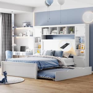 White Wood Frame Full Size Platform Bed with All-in-One Cabinet, Multiple Shelves, Cabinets, Twin Trundle, USB, Drawers