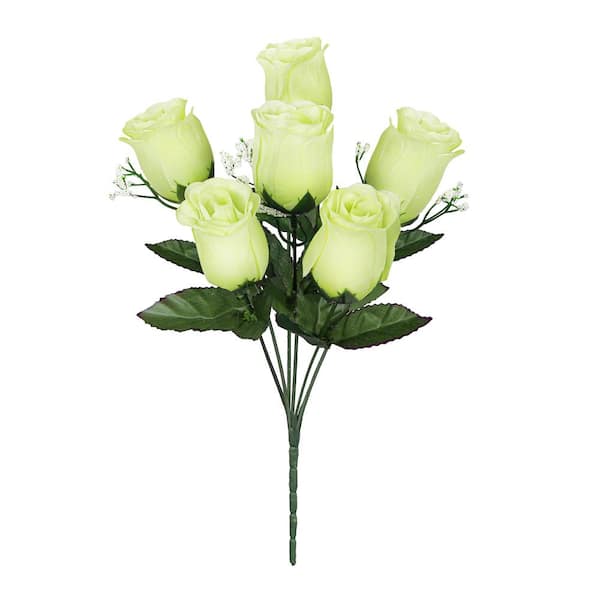 LIVING LUXURY 14 in. Green Artificial Rose Bud Flower Stem Bush Bouquet (Set of 12)