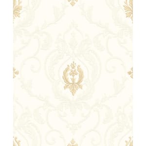 Ornamenta 2-Cream/Gold Intricate Damask Medallion Non-Pasted Vinyl on Paper Material Wallpaper Roll (Covers 57.75 sq.ft)