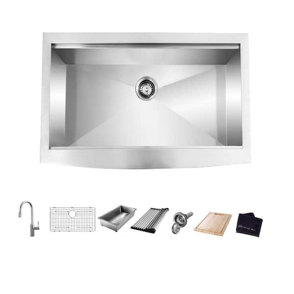 Glacier Bay Zero Radius 36 in. Apron-Front Single Bowl 18 Gauge Stainless Steel Workstation Kitchen Sink with Pull-Down Faucet