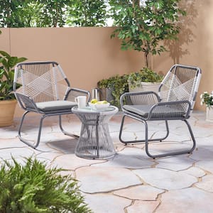 Milan Gray and White 3-Piece Faux Rattan and Metal Patio Conversation Set with Gray Cushions