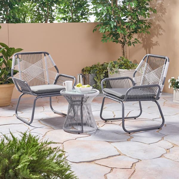 Noble House Milan Gray and White 3-Piece Faux Rattan and Metal Patio Conversation Set with Gray Cushions