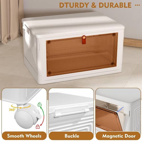 4-Tier Stackable Storage Bins W/ Lid, Magnetic Doors & Wheels, Foldable Closet Organizers 32.87 in. White Accent Storage