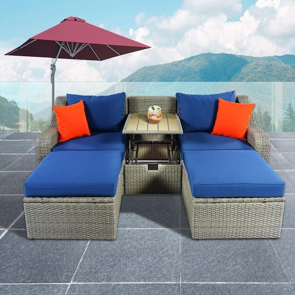 Tunearary Gray 3-Piece Patio Wicker Outdoor Sectional Set with Blue Cushions, Ottomans and Lift Top Coffee Table