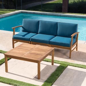 Giancarlo Teak 4-Piece Wood Outdoor Patio Conversation Set with Blue Cushions