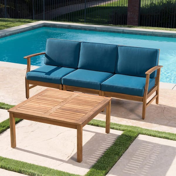 Noble House Giancarlo Teak 4-Piece Wood Patio Conversation Set with Blue Cushions