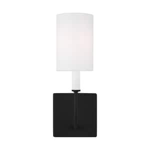 Greenwich 1-Light Midnight Black Wall Sconce with White Linen Fabric Shade