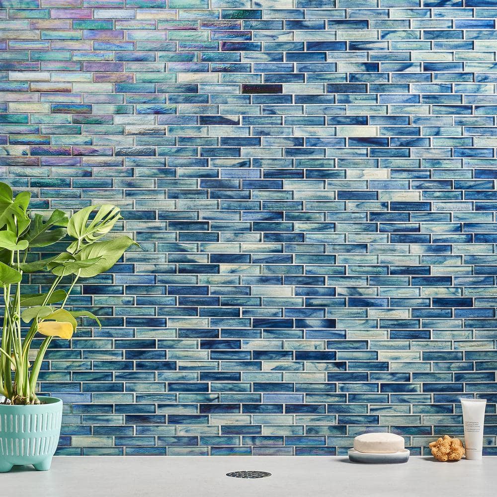 Beach Blue Polished Glass Brick Joint Mosaic Wall Tile