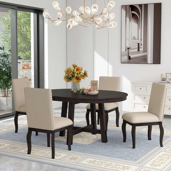 5-Piece Farmhouse Espresso Extendable Wood Top Dining Room Set Seats 4