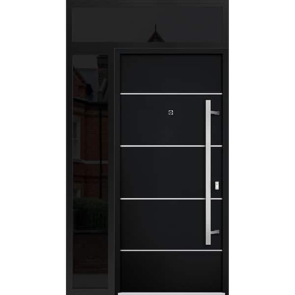 VDOMDOORS 6083 50 in. x 96 in. Left-hand/Inswing Sidelight and Transom Black Enamel Steel Prehung Front Door with Hardware
