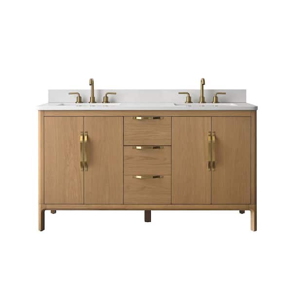 60 in. Double Sink Freestanding Bath Vanity with White Engineered Stone Top Power Outlet and Storage Assembled in Brown